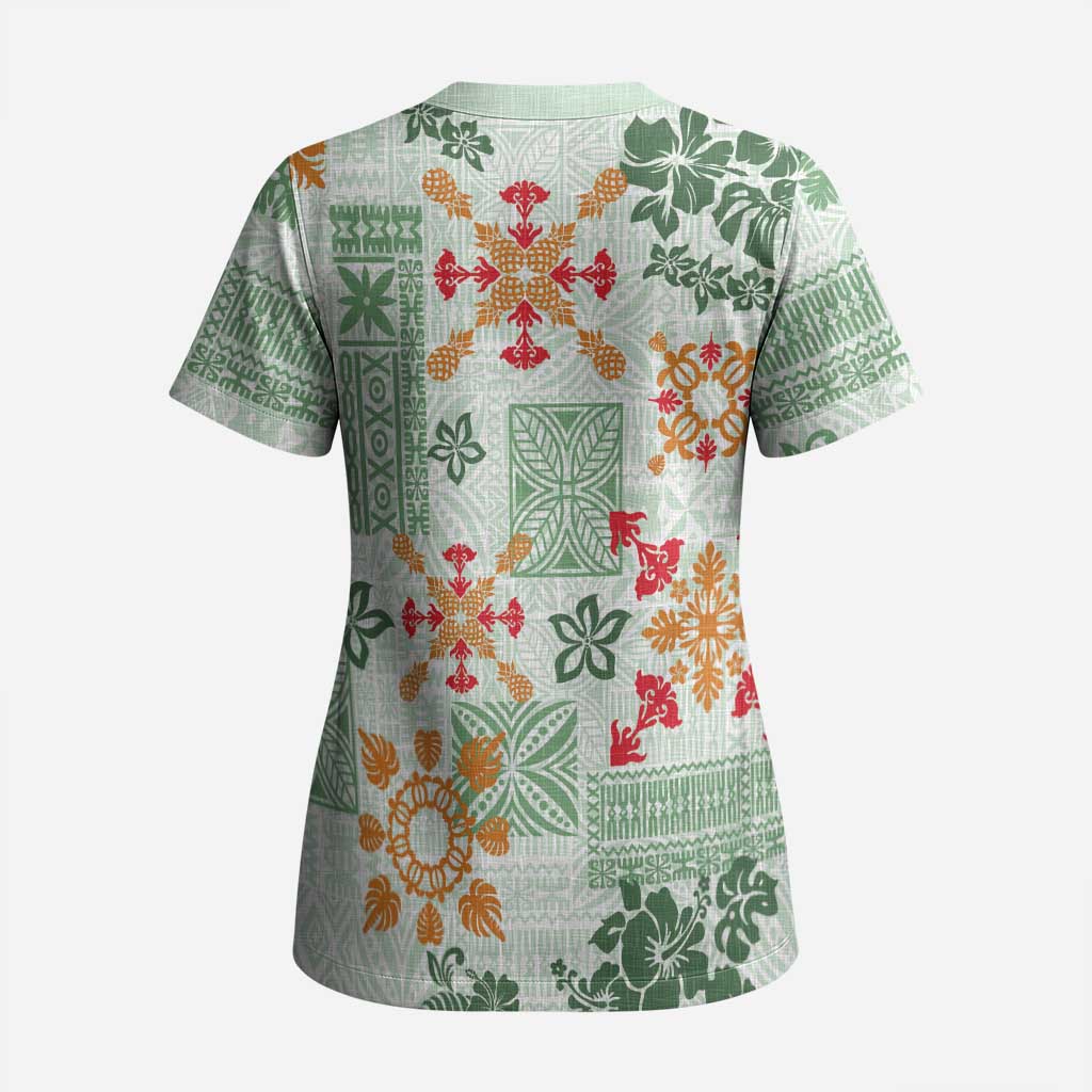 Hawaii Tapa Tribal Scrub Top With Hawaiian Quilt Pattern Green LT9 - Polynesian Pride