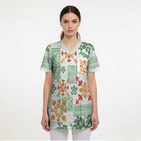 Hawaii Tapa Tribal Scrub Top With Hawaiian Quilt Pattern Green LT9 - Polynesian Pride