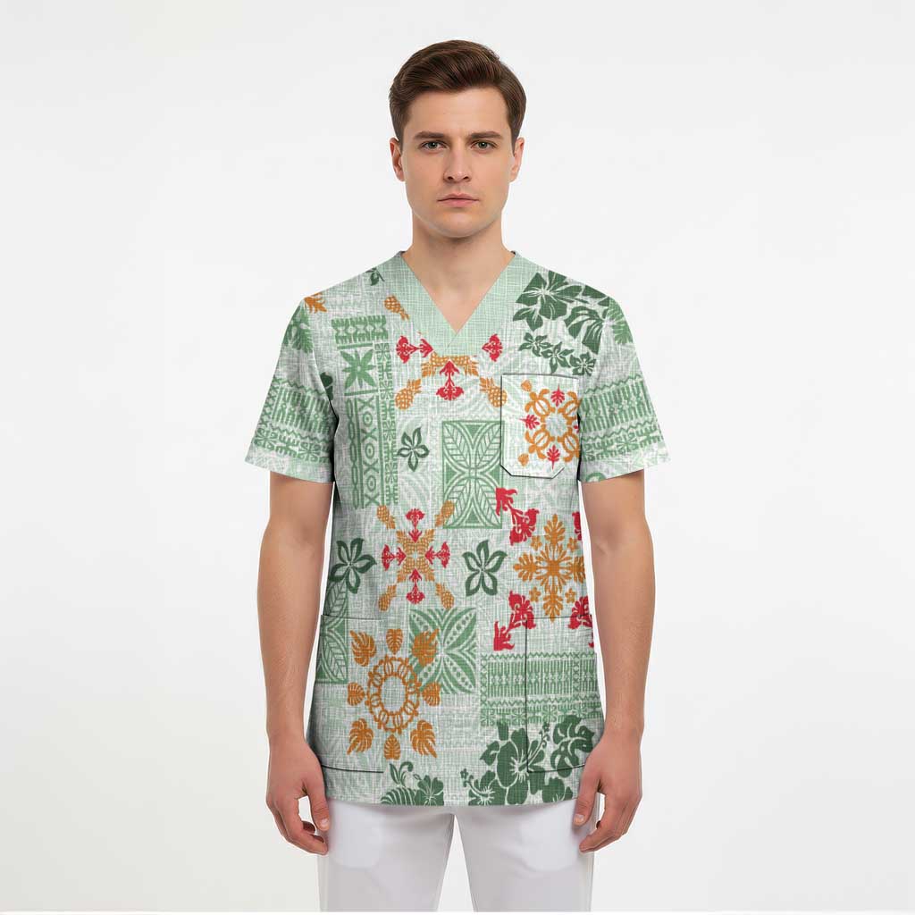 Hawaii Tapa Tribal Scrub Top With Hawaiian Quilt Pattern Green LT9 - Polynesian Pride