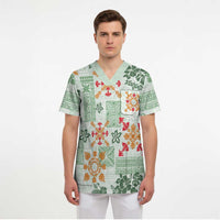 Hawaii Tapa Tribal Scrub Top With Hawaiian Quilt Pattern Green LT9 - Polynesian Pride