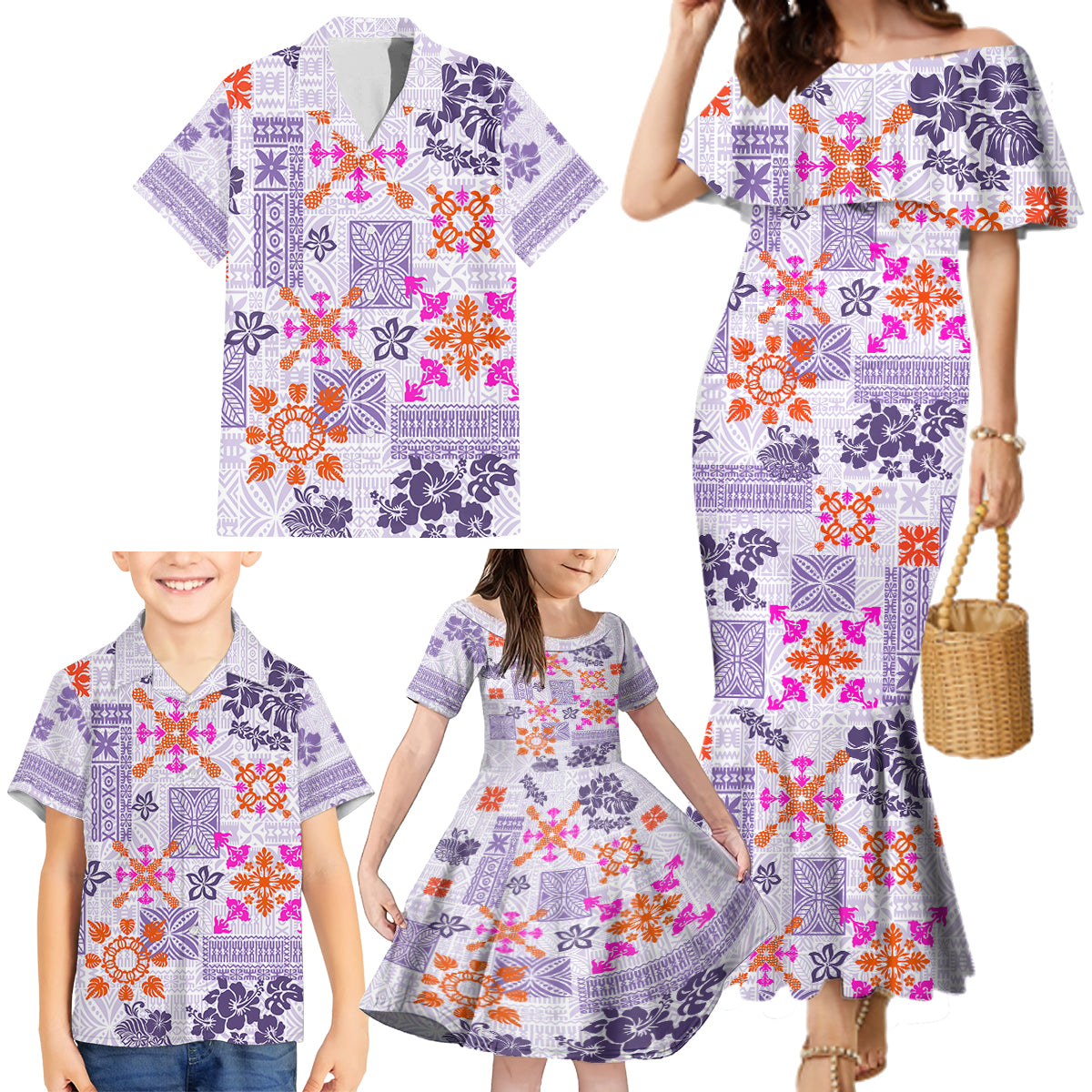 Hawaii Tapa Tribal Family Matching Mermaid Dress and Hawaiian Shirt With Hawaiian Quilt Pattern Violet LT9 - Polynesian Pride