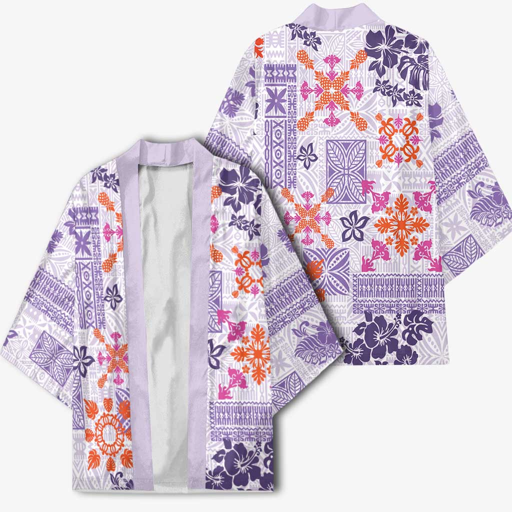 Hawaii Tapa Tribal Kimono With Hawaiian Quilt Pattern Violet LT9 - Polynesian Pride