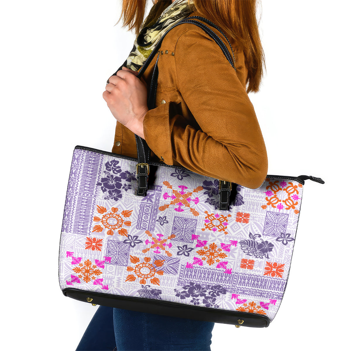 Hawaii Tapa Tribal Leather Tote Bag With Hawaiian Quilt Pattern Violet LT9 Violet - Polynesian Pride