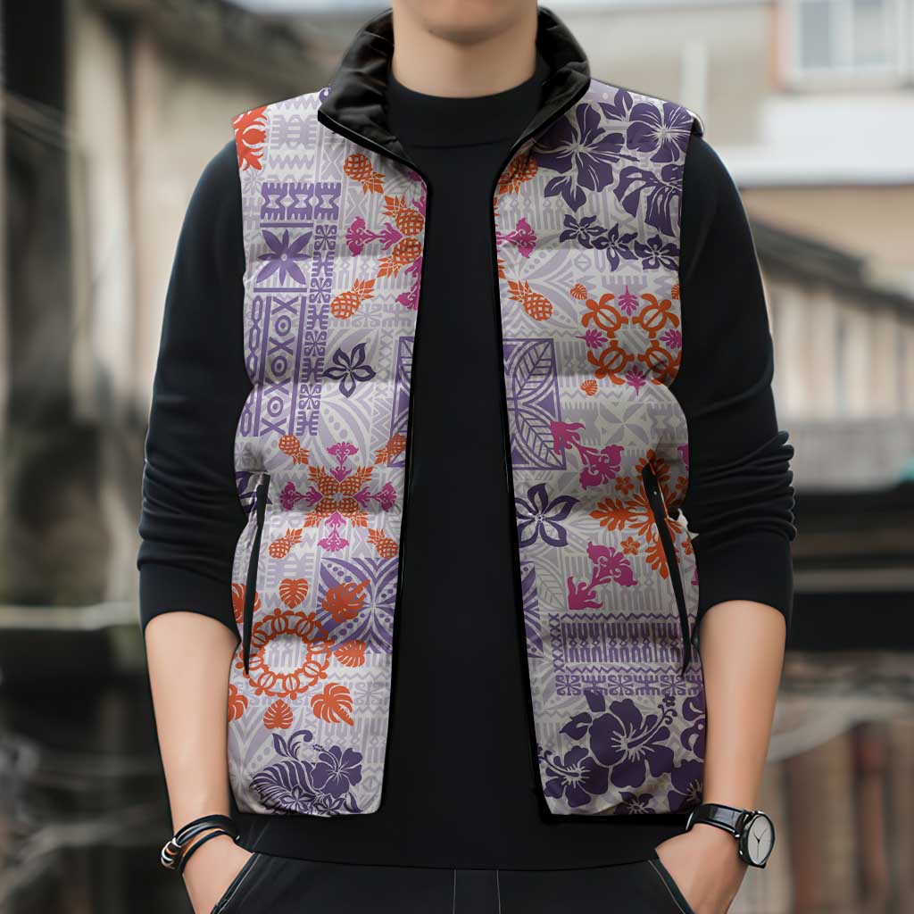 Hawaii Tapa Tribal Sleeveless Puffer Jacket With Hawaiian Quilt Pattern Violet LT9 - Polynesian Pride