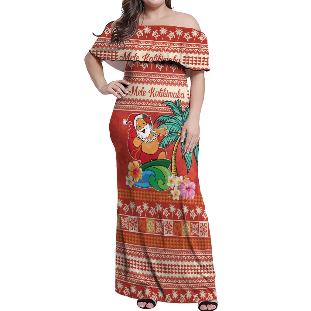 Hawaii Mele Kalikimaka Off Shoulder Maxi Dress Surfing Santa Funny Christmas LT9 Women Red - Polynesian Pride