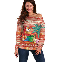 Hawaii Mele Kalikimaka Off Shoulder Sweater Surfing Santa Funny Christmas LT9 Women Red - Polynesian Pride