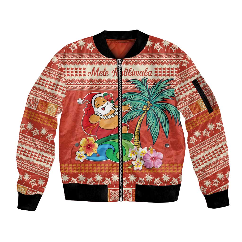 Hawaii Mele Kalikimaka Sleeve Zip Bomber Jacket Surfing Santa Funny Christmas LT9 Unisex Red - Polynesian Pride