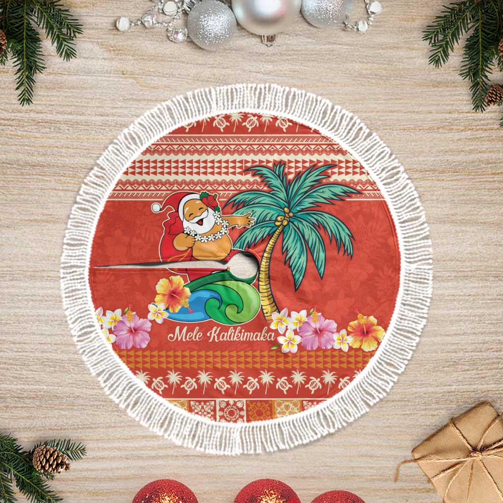 Hawaii Mele Kalikimaka Tree Skirt Surfing Santa Funny Christmas LT9 Fringed Red - Polynesian Pride