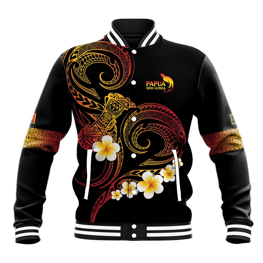 Personalised Papua New Guinea Sepik Baseball Jacket Plumeria Floral Tribal Pattern LT9 Unisex Black - Polynesian Pride