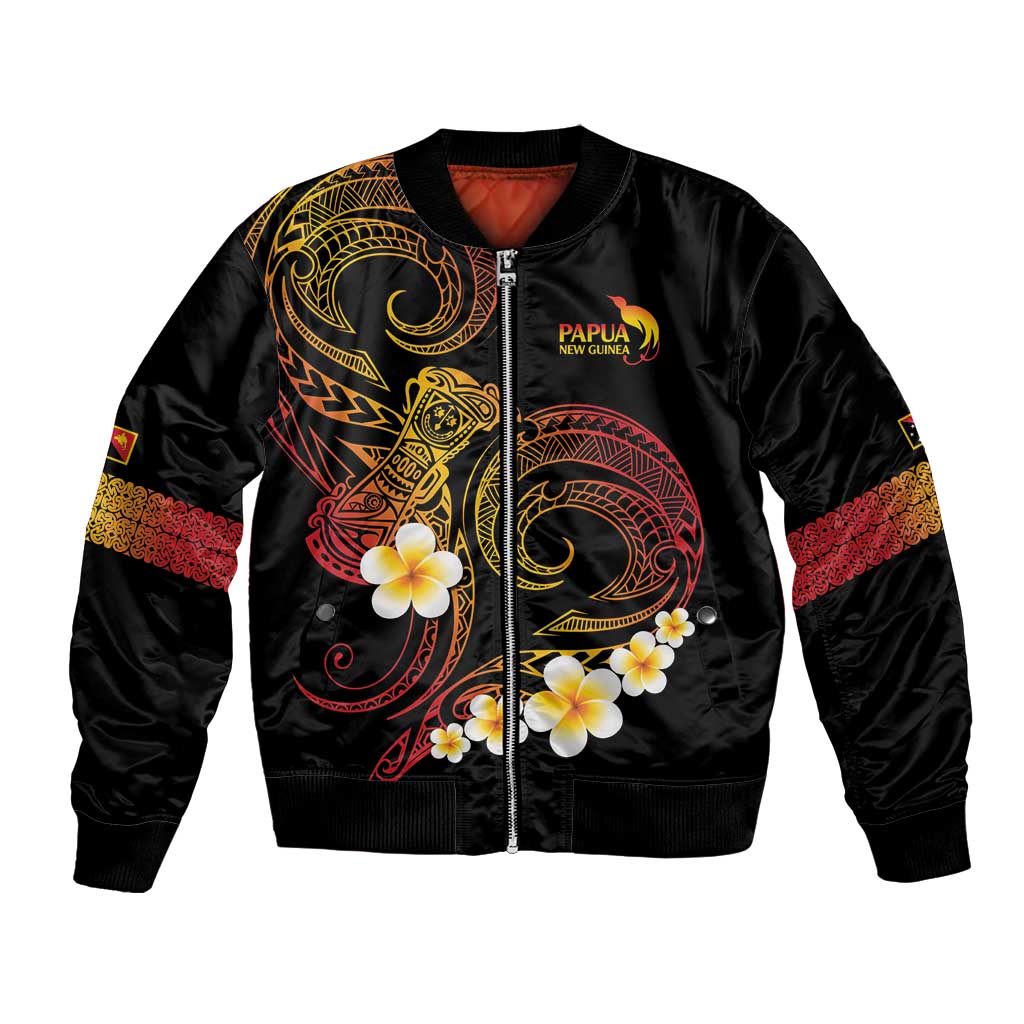 Personalised Papua New Guinea Sepik Bomber Jacket Plumeria Floral Tribal Pattern LT9 Unisex Black - Polynesian Pride