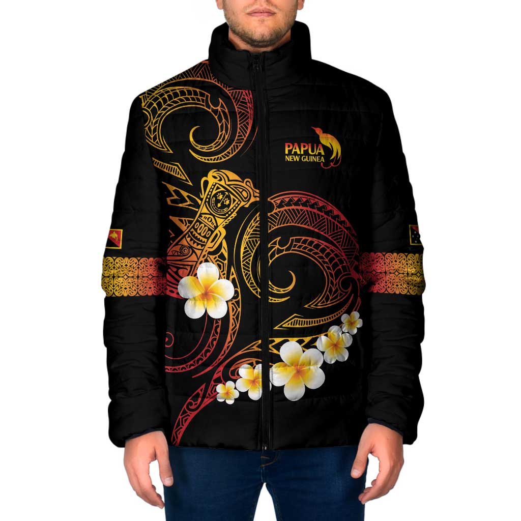 Personalised Papua New Guinea Sepik Padded Jacket Plumeria Floral Tribal Pattern LT9 Men Black - Polynesian Pride
