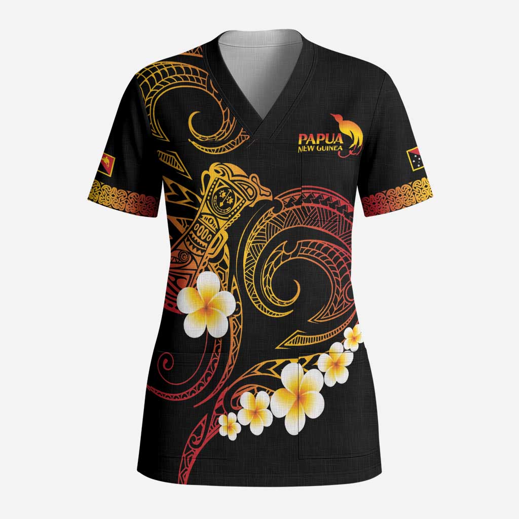 Personalised Papua New Guinea Sepik Scrub Top Plumeria Floral Tribal Pattern LT9 Adult Black - Polynesian Pride