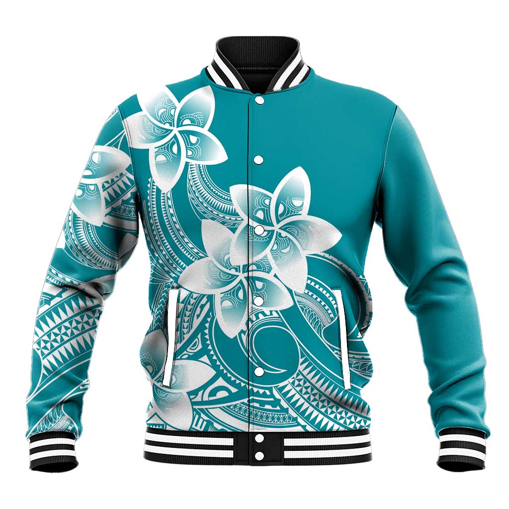 Polynesian Plumeria Flowers Tribal Baseball Jacket Pacific Tattoo Teal Style LT9 Unisex Teal - Polynesian Pride
