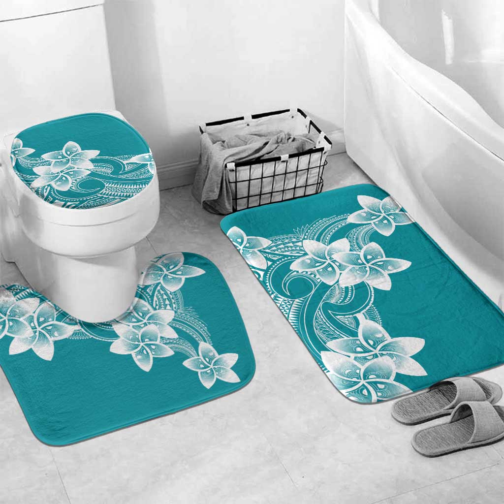 Polynesian Plumeria Flowers Tribal Bathroom Set Pacific Tattoo Teal Style LT9 Mat Set Only (3 pcs) One Size Teal - Polynesian Pride