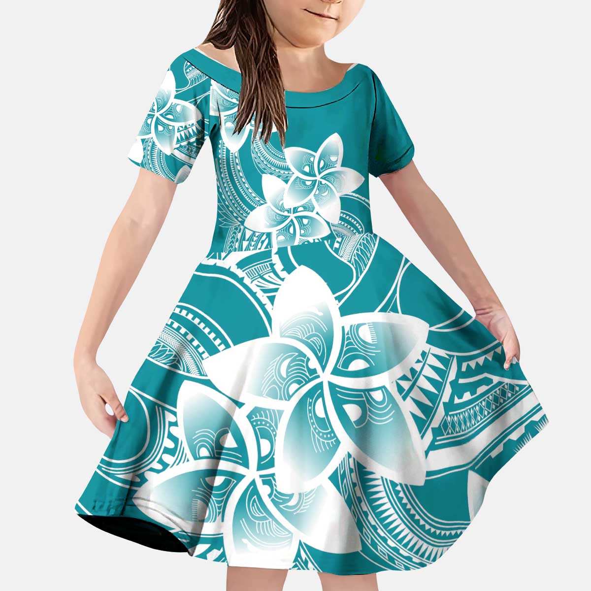 Polynesian Plumeria Flowers Tribal Kid Short Sleeve Dress Pacific Tattoo Teal Style LT9 KID Teal - Polynesian Pride
