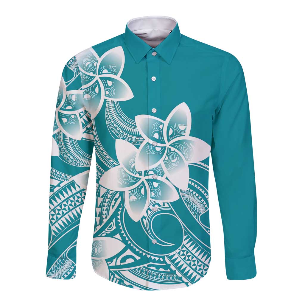 Polynesian Plumeria Flowers Tribal Long Sleeve Button Shirt Pacific Tattoo Teal Style LT9 Unisex Teal - Polynesian Pride