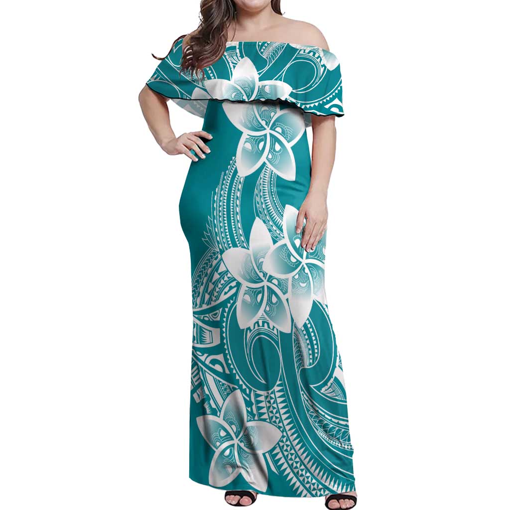 Polynesian Plumeria Flowers Tribal Off Shoulder Maxi Dress Pacific Tattoo Teal Style LT9 Women Teal - Polynesian Pride