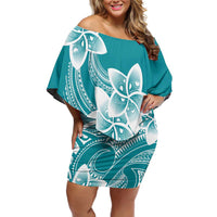 Polynesian Plumeria Flowers Tribal Off Shoulder Short Dress Pacific Tattoo Teal Style LT9 Women Teal - Polynesian Pride