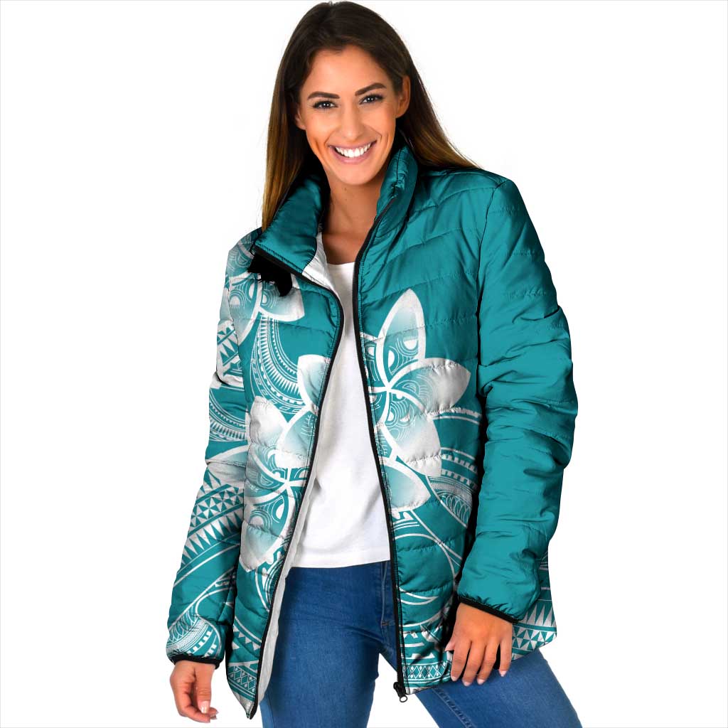 Polynesian Plumeria Flowers Tribal Padded Jacket Pacific Tattoo Teal Style LT9 Women Teal - Polynesian Pride