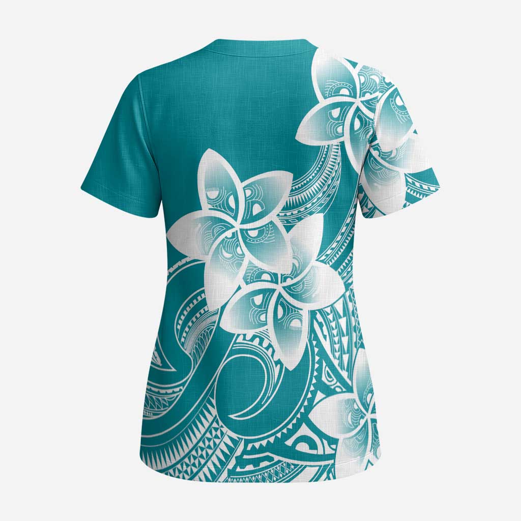 Polynesian Plumeria Flowers Tribal Scrub Top Pacific Tattoo Teal Style LT9 - Polynesian Pride