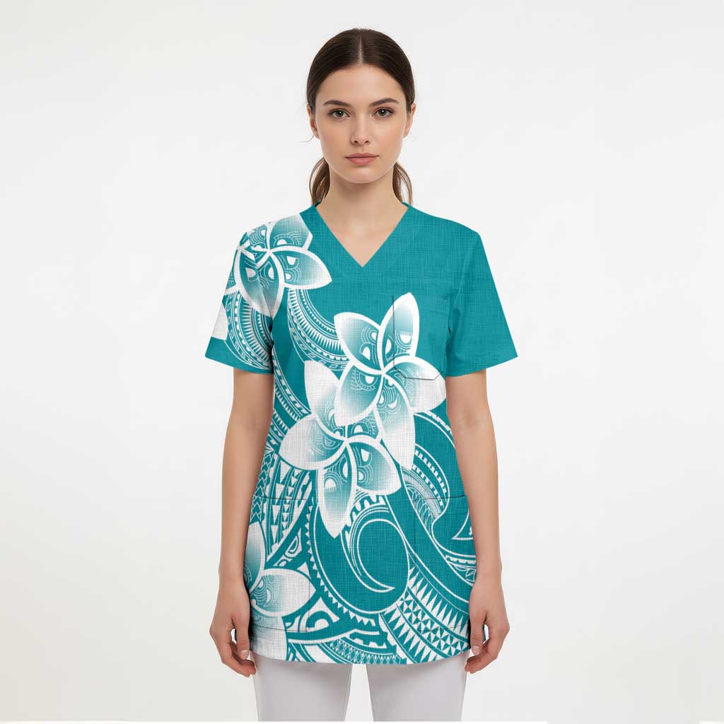 Polynesian Plumeria Flowers Tribal Scrub Top Pacific Tattoo Teal Style LT9 - Polynesian Pride