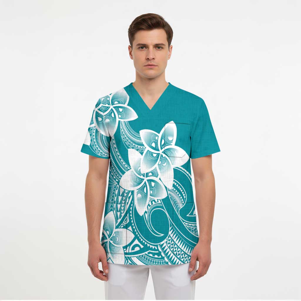 Polynesian Plumeria Flowers Tribal Scrub Top Pacific Tattoo Teal Style LT9 - Polynesian Pride
