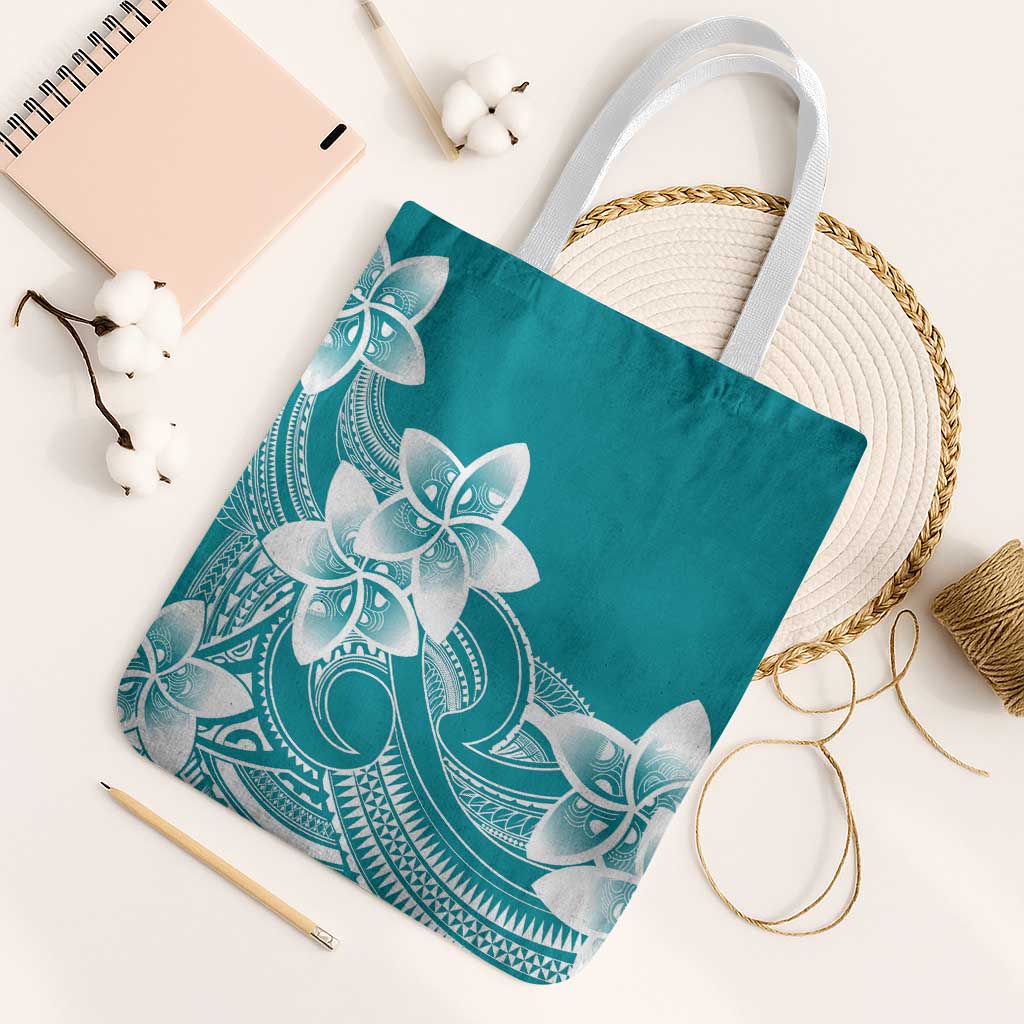 Polynesian Plumeria Flowers Tribal Tote Bag Pacific Tattoo Teal Style LT9 White Strap One Size Teal - Polynesian Pride
