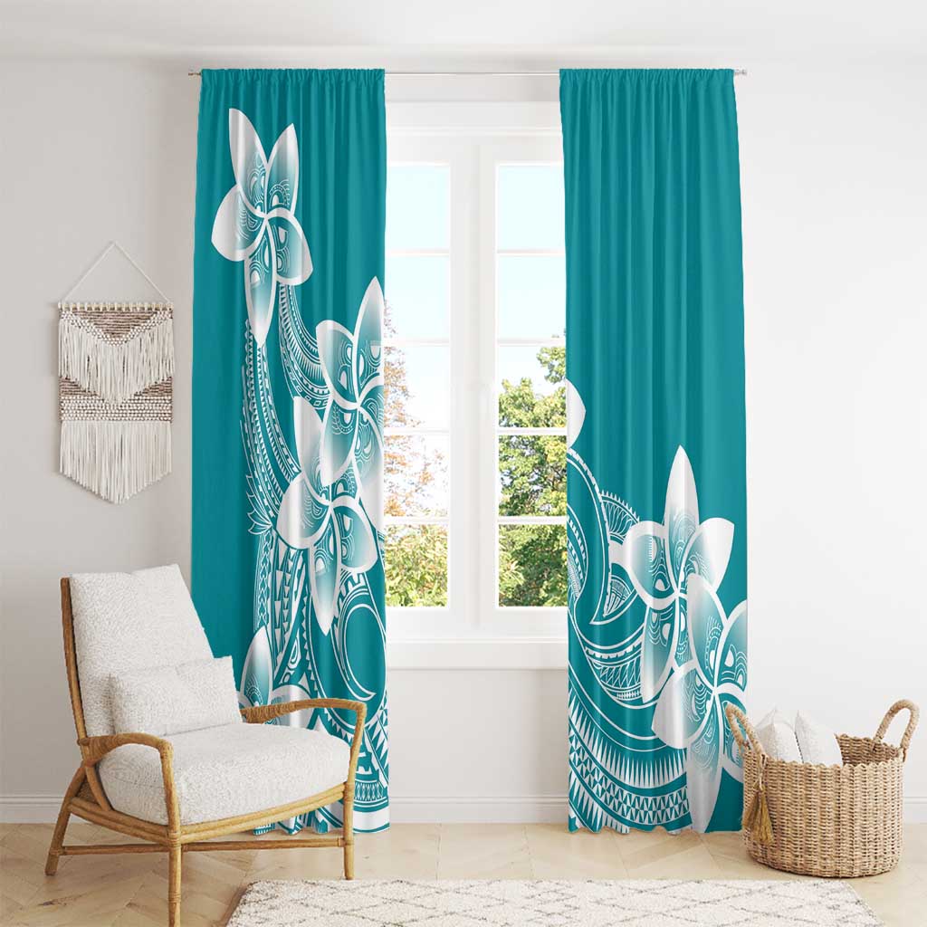 Polynesian Plumeria Flowers Tribal Window Curtain Pacific Tattoo Teal Style LT9 - Polynesian Pride