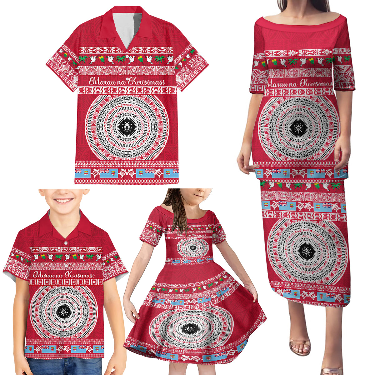 Personalised Fiji Marau Na Kerisimasi Family Matching Puletasi Dress and Hawaiian Shirt Merry Christmas Tapa Pattern Red Style LT9 - Polynesian Pride