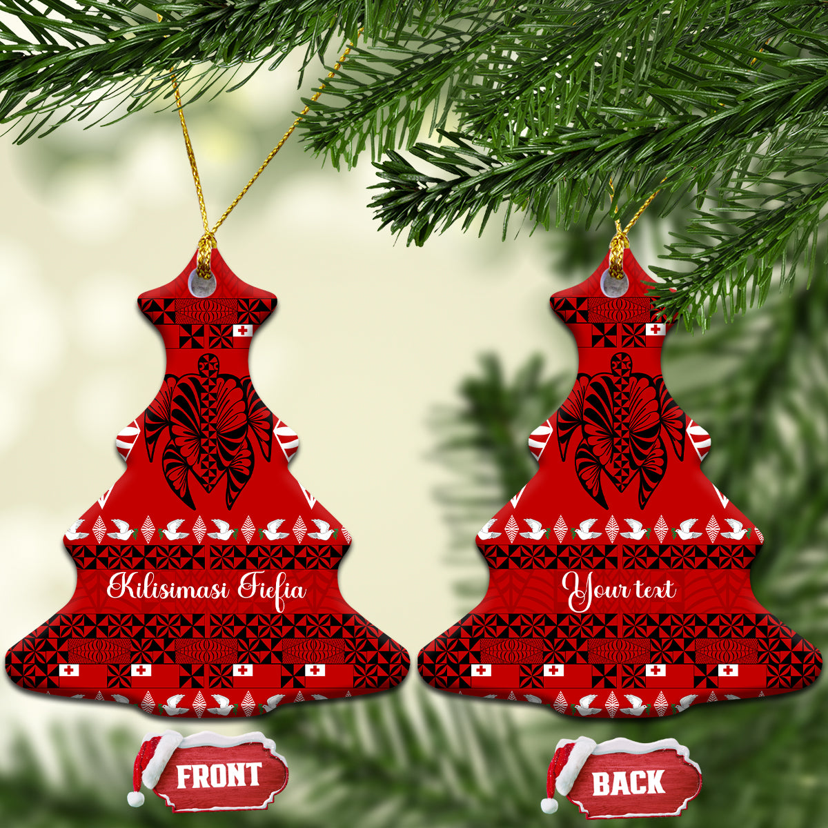 Personalised Tonga Kilisimasi Fiefia Ceramic Ornament Merry Christmas with Turtle Ngatu Pattern LT9 Christmas Tree Red - Polynesian Pride