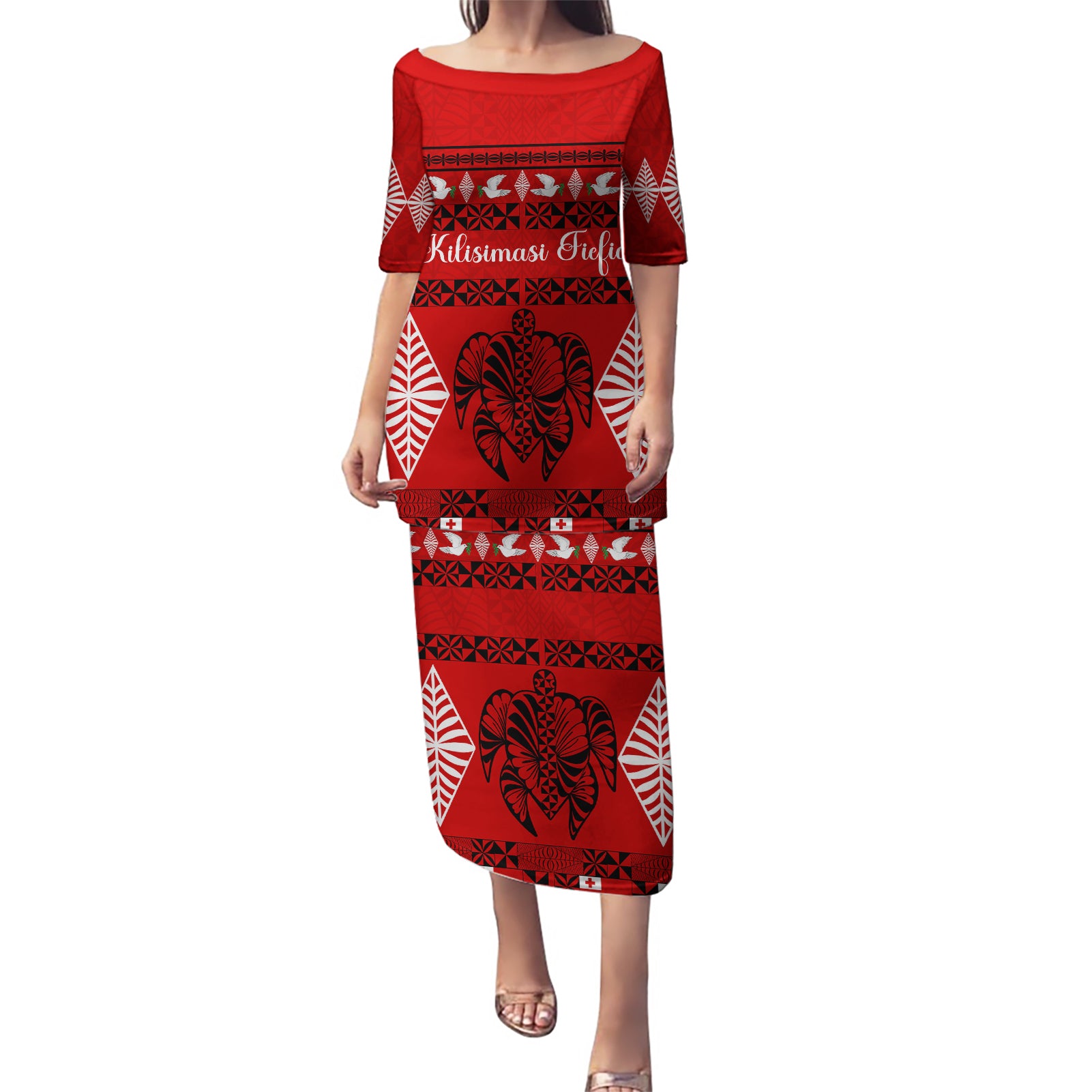 Personalised Tonga Kilisimasi Fiefia Puletasi Merry Christmas with Turtle Ngatu Pattern LT9 Long Dress Red - Polynesian Pride