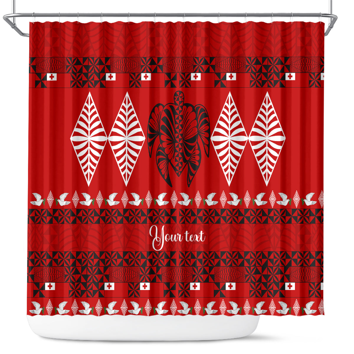 Personalised Tonga Kilisimasi Fiefia Shower Curtain Merry Christmas with Turtle Ngatu Pattern LT9 Red - Polynesian Pride