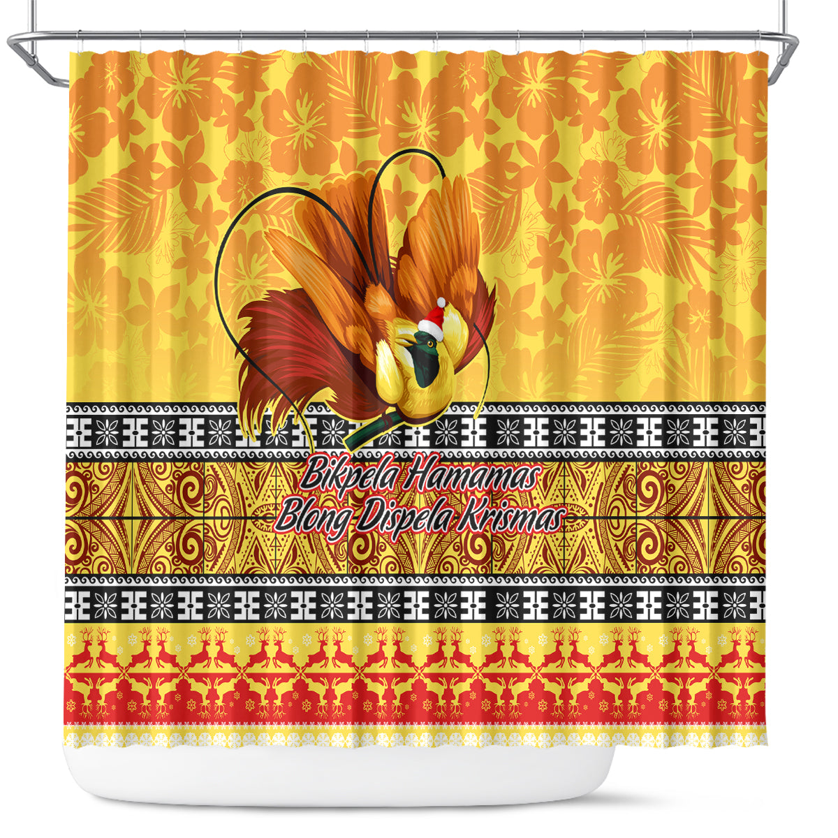 PNG Hamamas Krismas Shower Curtain Papua New Guinea Bird Of Paradise Merry Christmas Gold Style LT9 Gold - Polynesian Pride