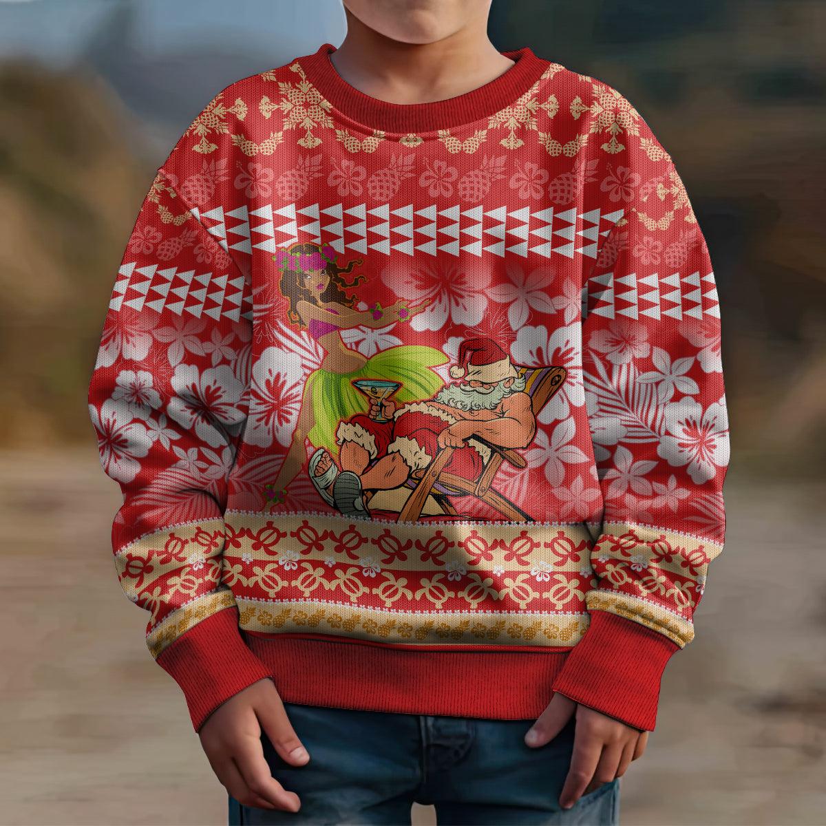 Hawaii Mele Kalikimaka Kid Ugly Christmas Sweater Santa Claus and Hula Dancing Merry Christmas LT9 - Polynesian Pride
