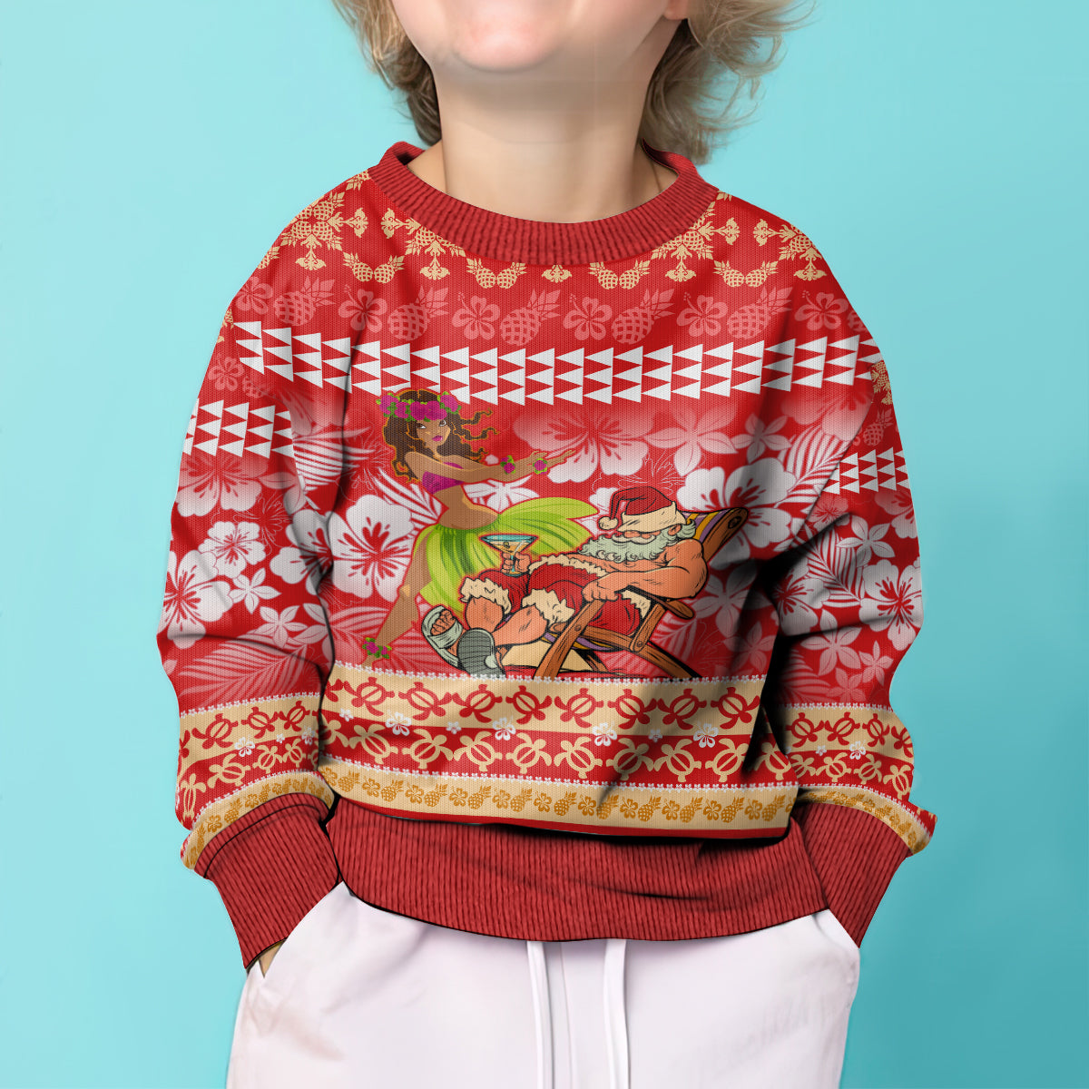 Hawaii Mele Kalikimaka Kid Ugly Christmas Sweater Santa Claus and Hula Dancing Merry Christmas LT9 - Polynesian Pride
