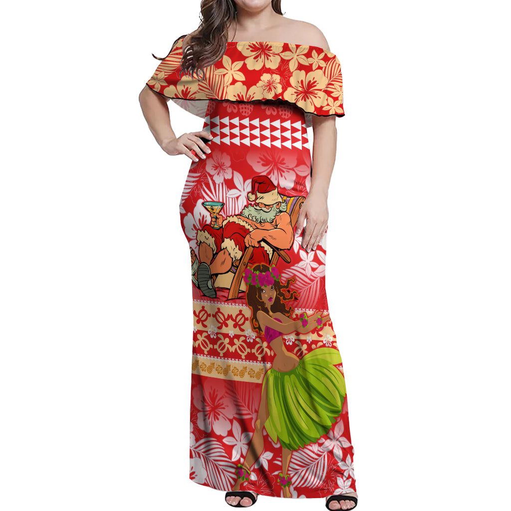 Hawaii Mele Kalikimaka Off Shoulder Maxi Dress Santa Claus and Hula Dancing Merry Christmas LT9 Women Red - Polynesian Pride