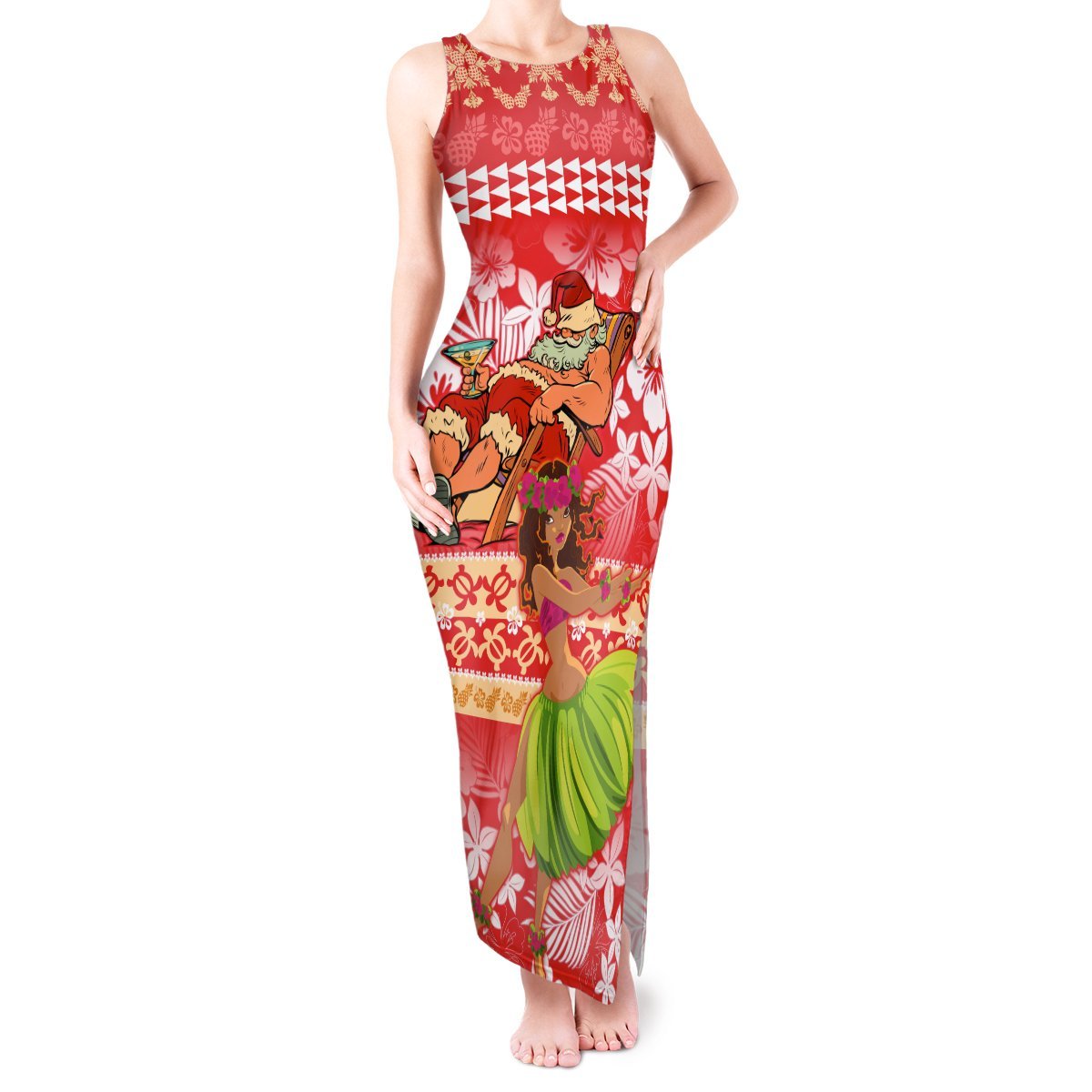 Hawaii Mele Kalikimaka Tank Maxi Dress Santa Claus and Hula Dancing Merry Christmas LT9 Women Red - Polynesian Pride
