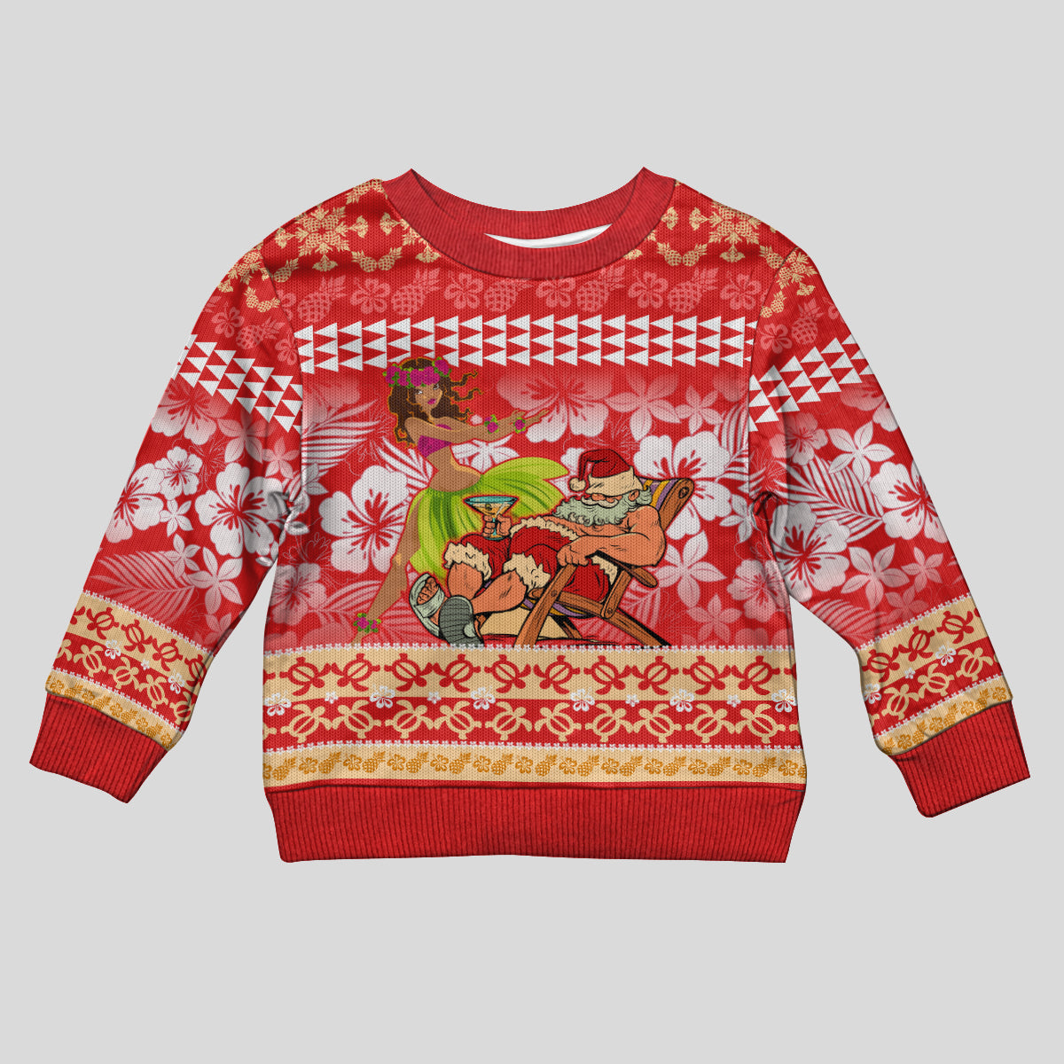Personalised Hawaii Mele Kalikimaka Kid Ugly Christmas Sweater Santa Claus and Hula Dancing Merry Christmas LT9 Kid Red - Polynesian Pride