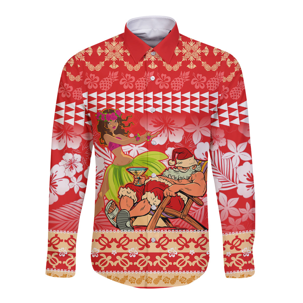 Personalised Hawaii Mele Kalikimaka Long Sleeve Button Shirt Santa Claus and Hula Dancing Merry Christmas LT9 Unisex Red - Polynesian Pride