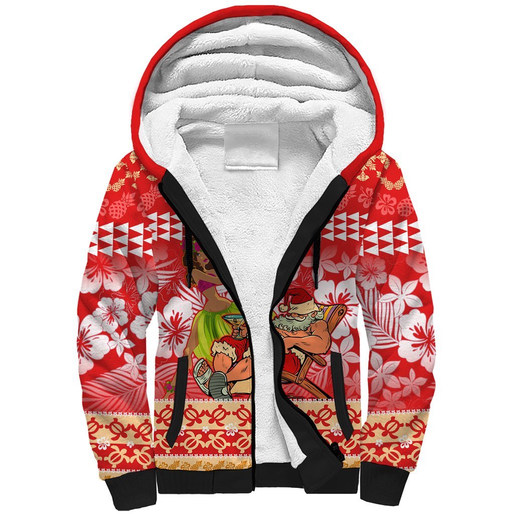 Personalised Hawaii Mele Kalikimaka Sherpa Hoodie Santa Claus and Hula Dancing Merry Christmas LT9 Unisex Red - Polynesian Pride
