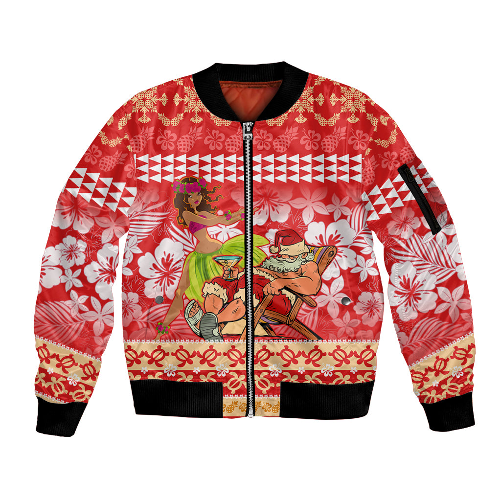 Personalised Hawaii Mele Kalikimaka Sleeve Zip Bomber Jacket Santa Claus and Hula Dancing Merry Christmas LT9 Unisex Red - Polynesian Pride