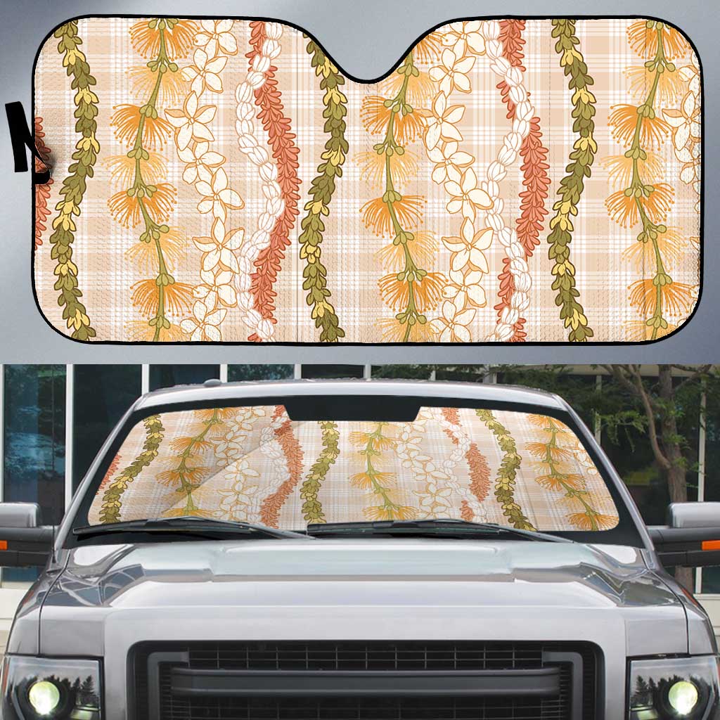 Hawaiian Ohia Lehua Lei Auto Sun Shade Plaid Palaka Ahiehie Pattern LT9 Beige - Polynesian Pride