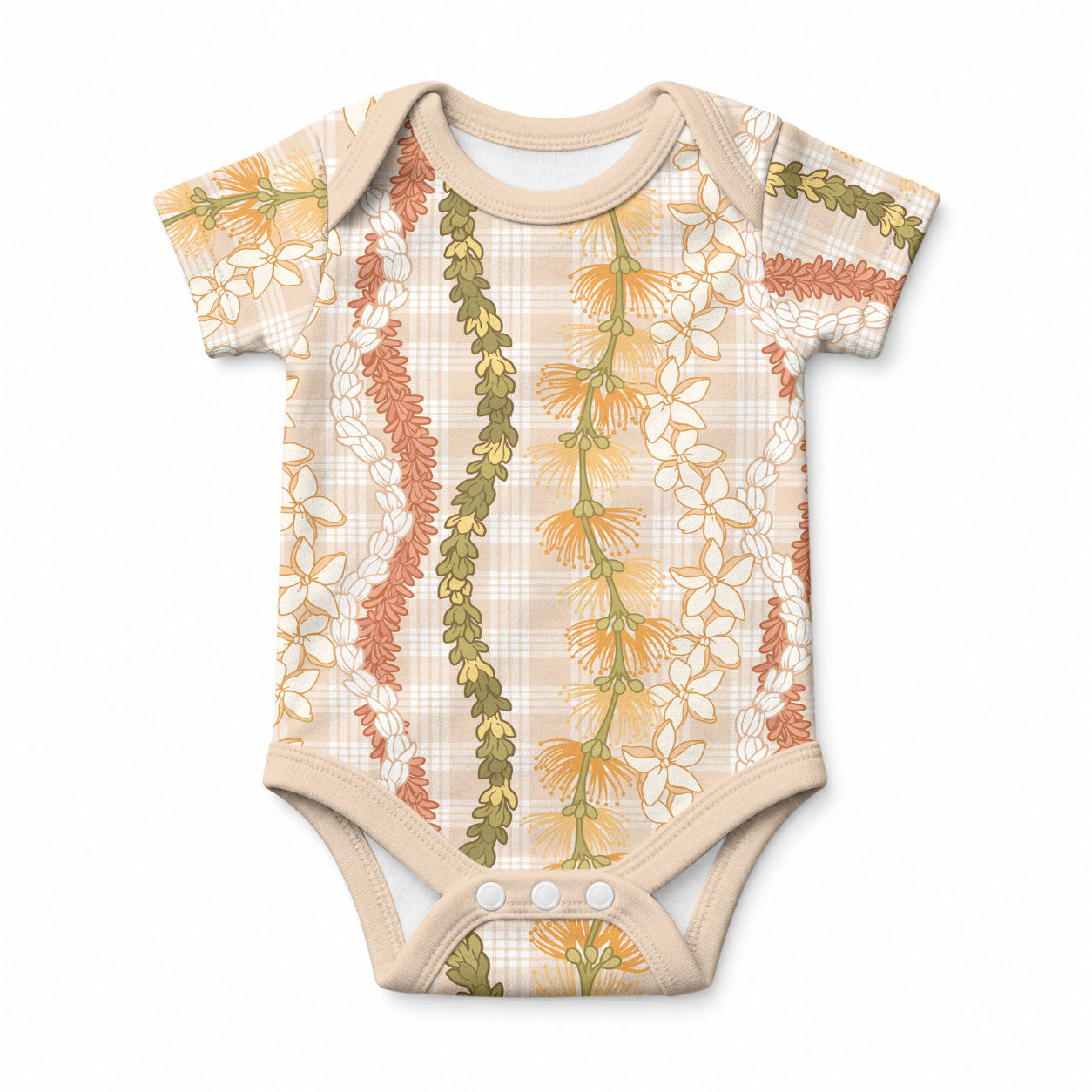 Hawaiian Ohia Lehua Lei Baby Onesie Plaid Palaka Ahiehie Pattern LT9 Beige - Polynesian Pride