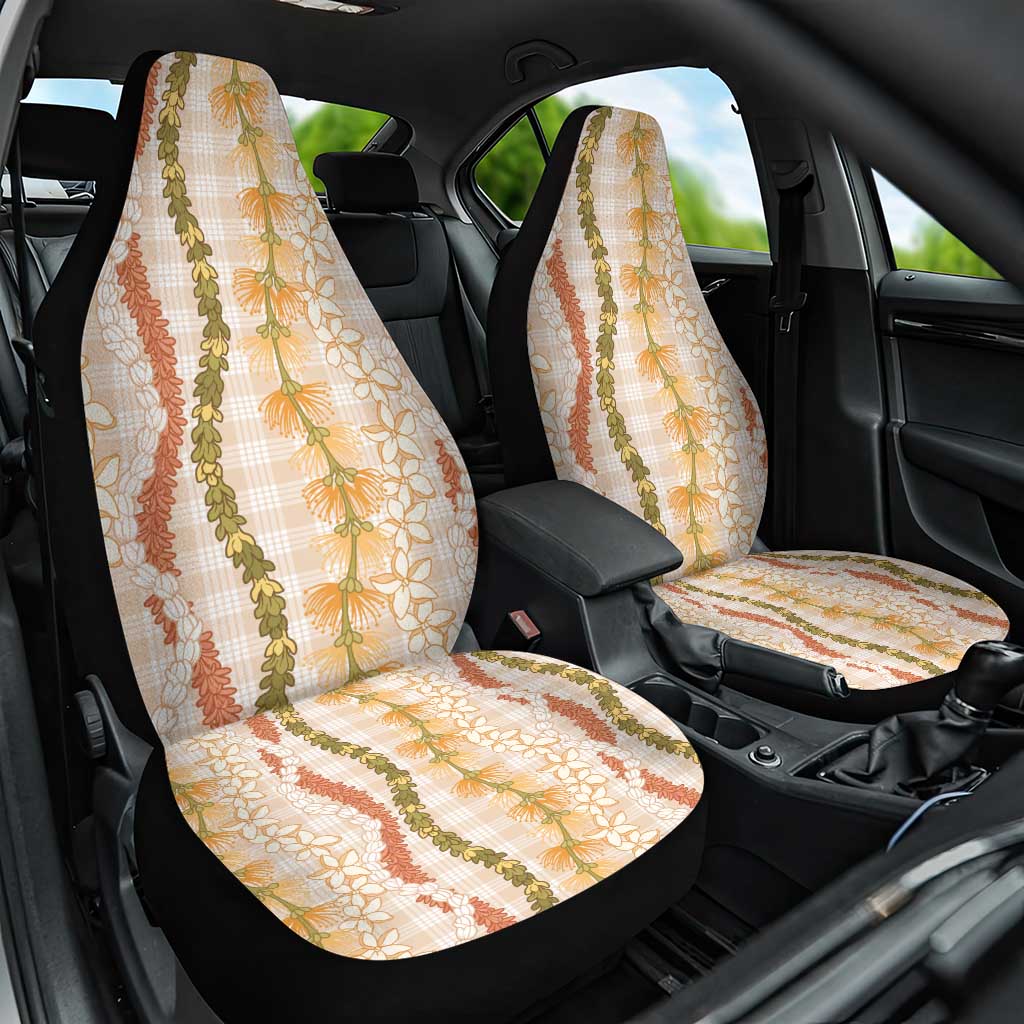 Hawaiian Ohia Lehua Lei Car Seat Cover Plaid Palaka Ahiehie Pattern LT9 One Size Beige - Polynesian Pride