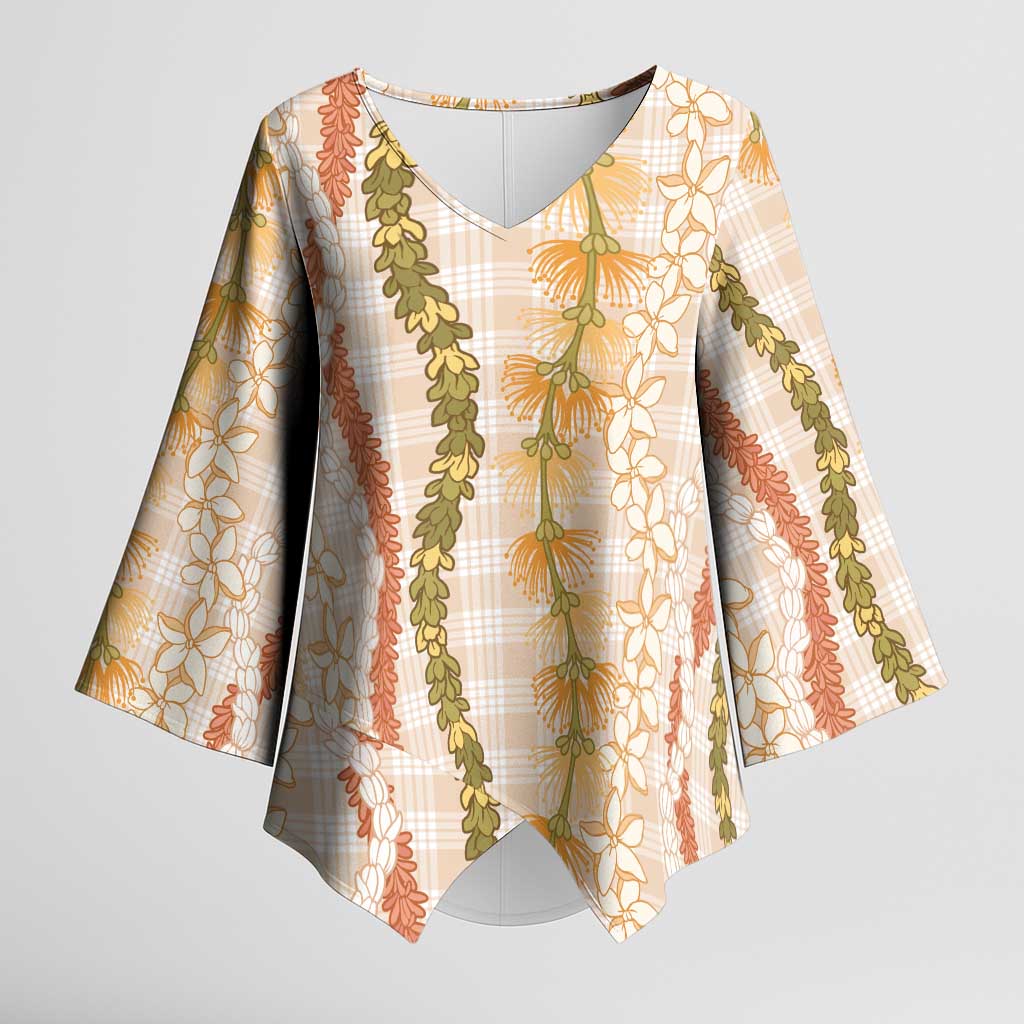Hawaiian Ohia Lehua Lei Kimono Sleeve Blouse Plaid Palaka Ahiehie Pattern LT9 Female Beige - Polynesian Pride