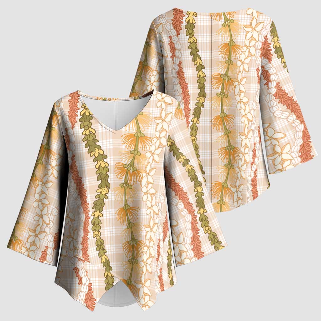 Hawaiian Ohia Lehua Lei Kimono Sleeve Blouse Plaid Palaka Ahiehie Pattern LT9 - Polynesian Pride