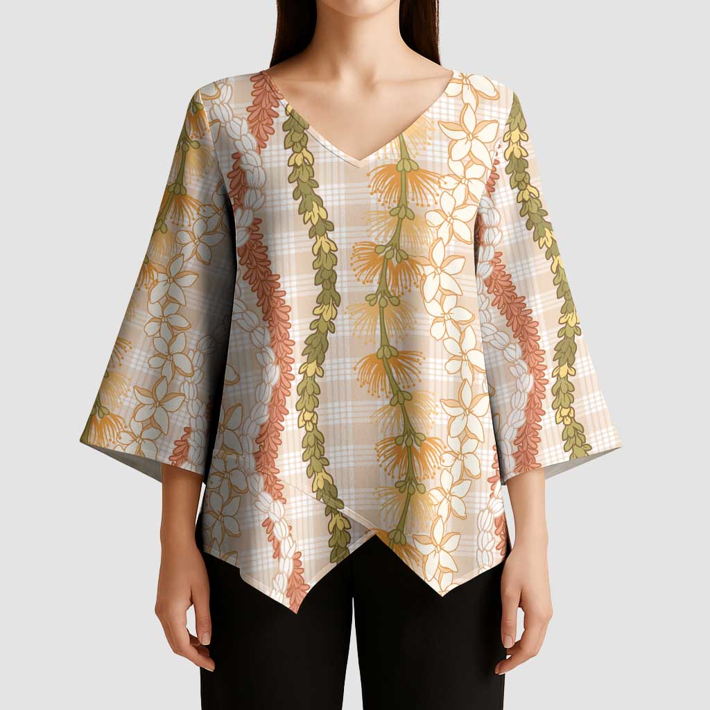 Hawaiian Ohia Lehua Lei Kimono Sleeve Blouse Plaid Palaka Ahiehie Pattern LT9 - Polynesian Pride