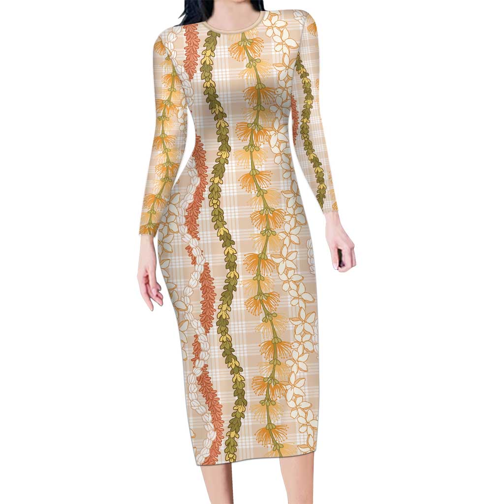 Hawaiian Ohia Lehua Lei Long Sleeve Bodycon Dress Plaid Palaka Ahiehie Pattern LT9 Long Dress Beige - Polynesian Pride