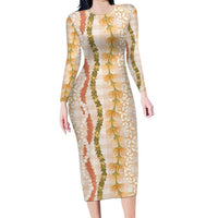 Hawaiian Ohia Lehua Lei Long Sleeve Bodycon Dress Plaid Palaka Ahiehie Pattern LT9 Long Dress Beige - Polynesian Pride