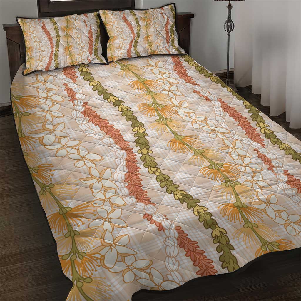 Hawaiian Ohia Lehua Lei Quilt Bed Set Plaid Palaka Ahiehie Pattern LT9 Beige - Polynesian Pride